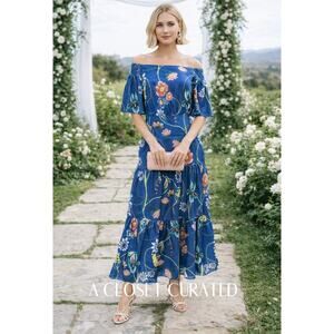 Borgo De Nor Emilia Floral Off Shoulder Maxi Dress 8 Blue NEW